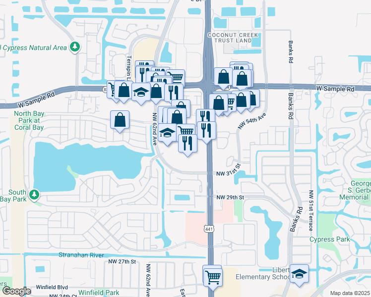 map of restaurants, bars, coffee shops, grocery stores, and more near 3203 Florida 7 in Margate