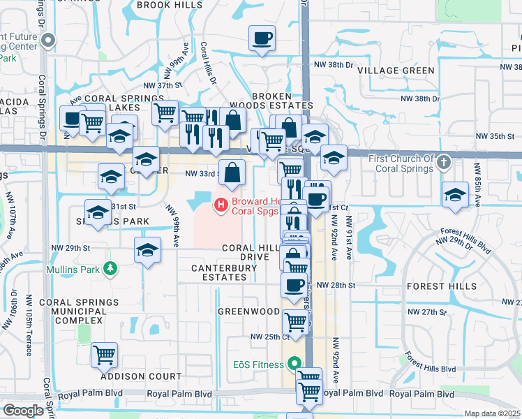 map of restaurants, bars, coffee shops, grocery stores, and more near 3130 Northwest 95th Avenue in Coral Springs