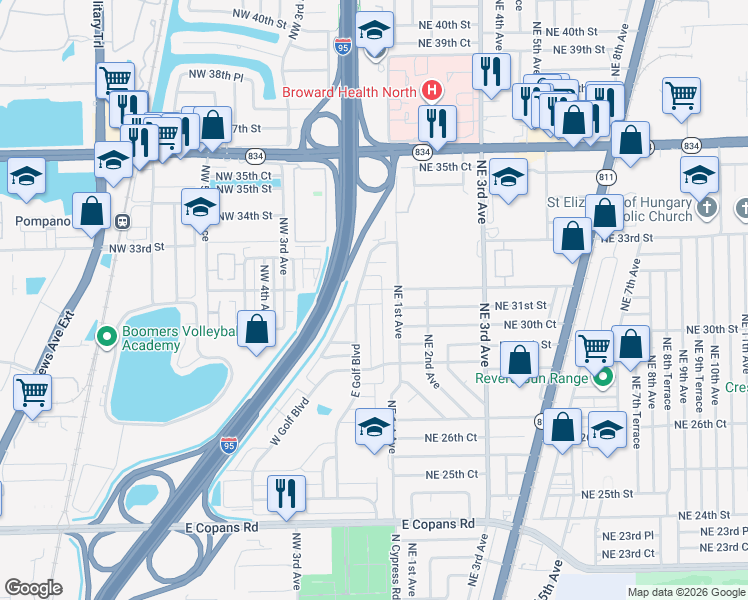 map of restaurants, bars, coffee shops, grocery stores, and more near 110 Northwest 31st Court in Pompano Beach