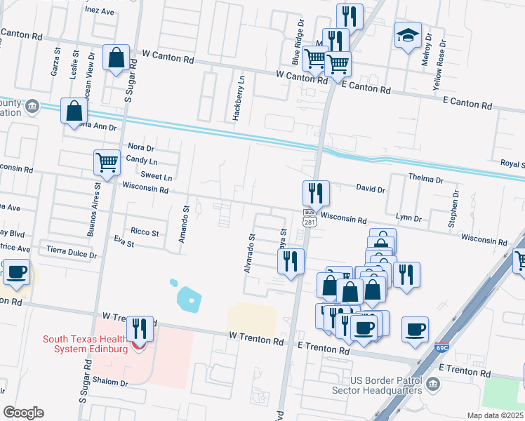 map of restaurants, bars, coffee shops, grocery stores, and more near 423 Benites Street in Edinburg
