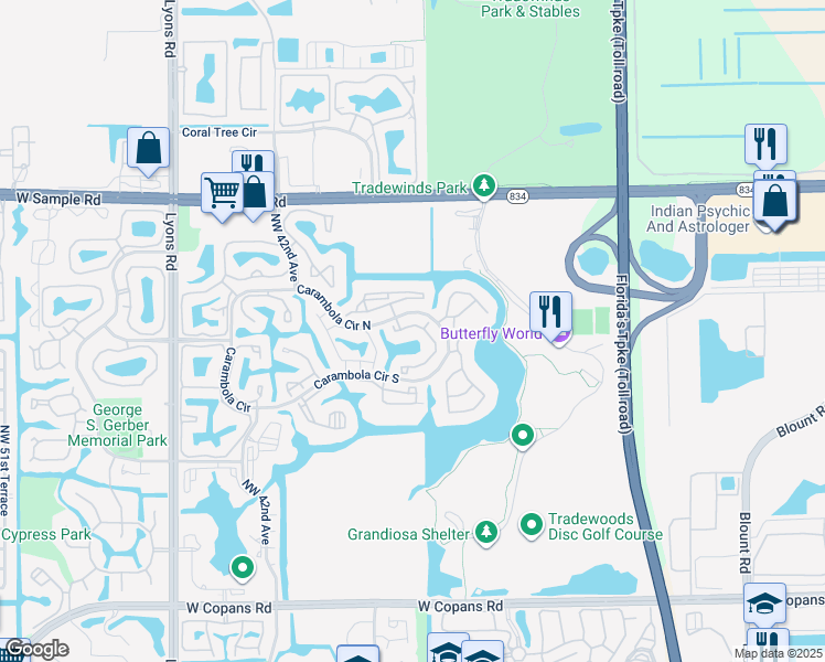 map of restaurants, bars, coffee shops, grocery stores, and more near 4638 Carambola Circle North in Coconut Creek