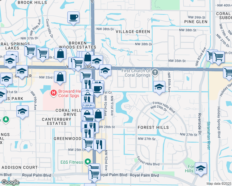 map of restaurants, bars, coffee shops, grocery stores, and more near 3033 Coral Falls in Coral Springs
