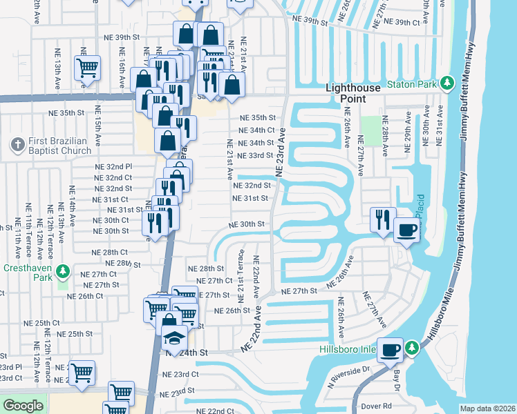 map of restaurants, bars, coffee shops, grocery stores, and more near 2233 Northeast 30th Court in Lighthouse Point