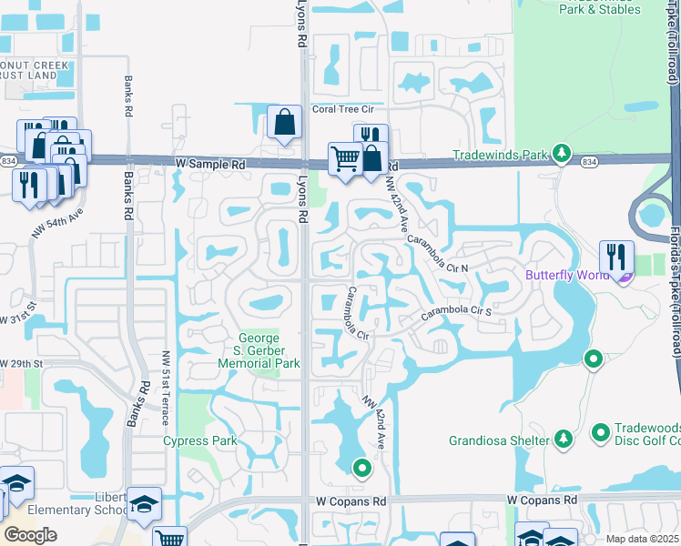 map of restaurants, bars, coffee shops, grocery stores, and more near 4399 Carambola Circle North in Coconut Creek