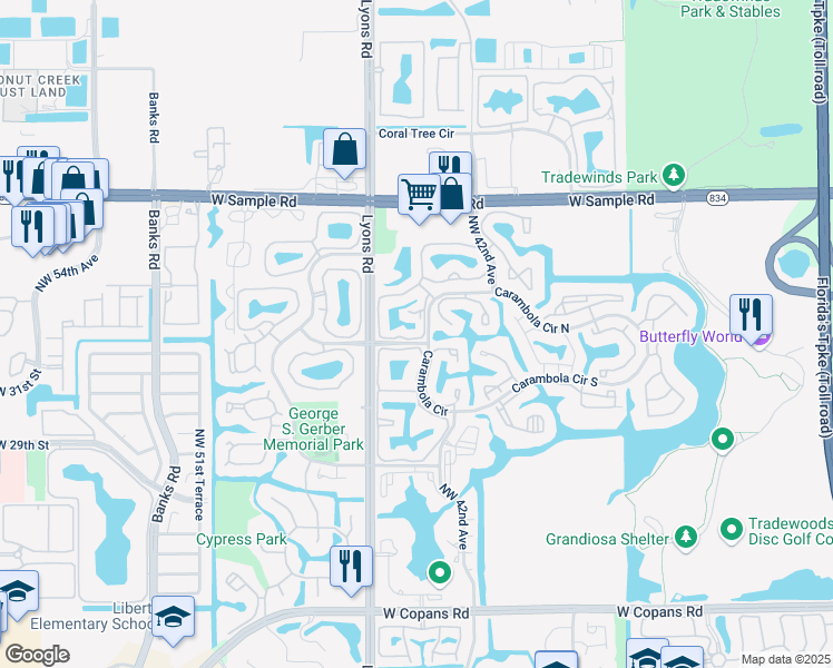 map of restaurants, bars, coffee shops, grocery stores, and more near 4399 Carambola Circle North in Coconut Creek