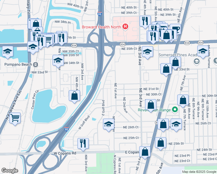 map of restaurants, bars, coffee shops, grocery stores, and more near 110 Northwest 31st Court in Pompano Beach