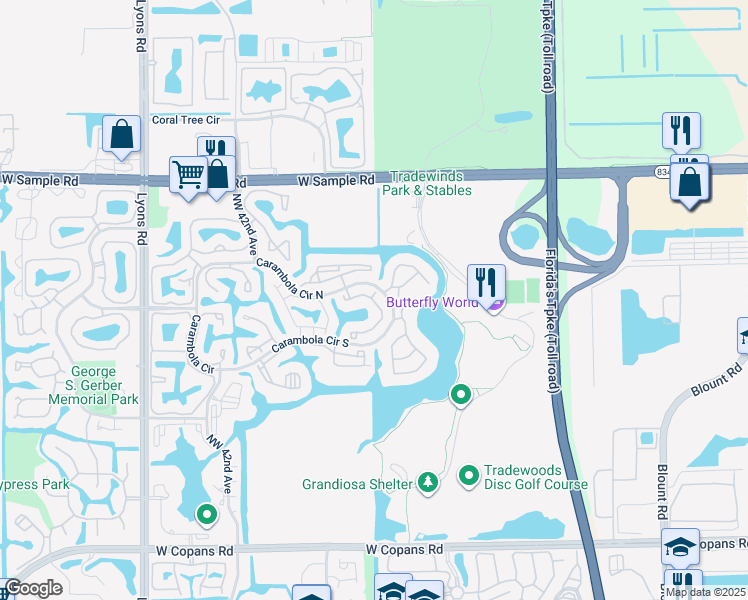 map of restaurants, bars, coffee shops, grocery stores, and more near 4638 Carambola Circle North in Coconut Creek