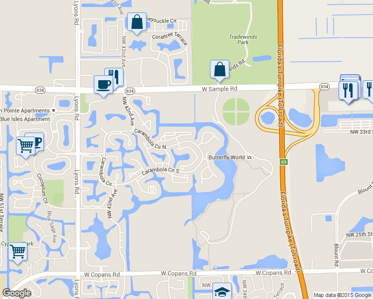 map of restaurants, bars, coffee shops, grocery stores, and more near 4638 Carambola Circle North in Coconut Creek