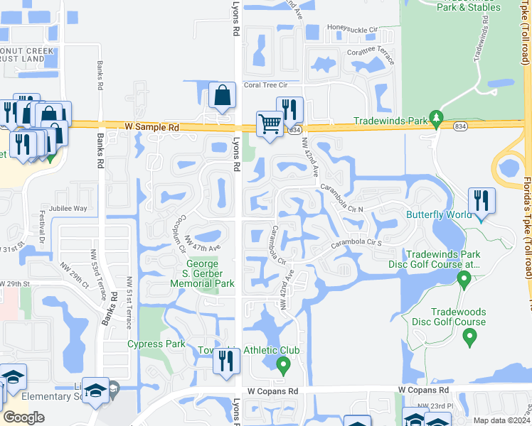 map of restaurants, bars, coffee shops, grocery stores, and more near 4399 Carambola Circle North in Coconut Creek
