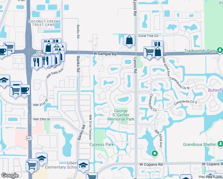 map of restaurants, bars, coffee shops, grocery stores, and more near 3949 Cocoplum Circle in Coconut Creek