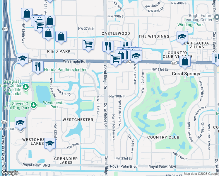 map of restaurants, bars, coffee shops, grocery stores, and more near 3161 Coral Ridge Drive in Coral Springs