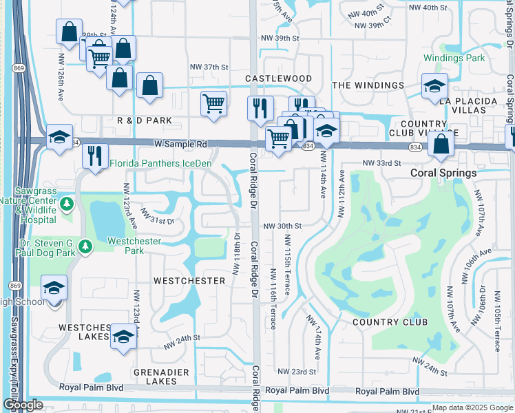 map of restaurants, bars, coffee shops, grocery stores, and more near 3161 Coral Ridge Drive in Coral Springs