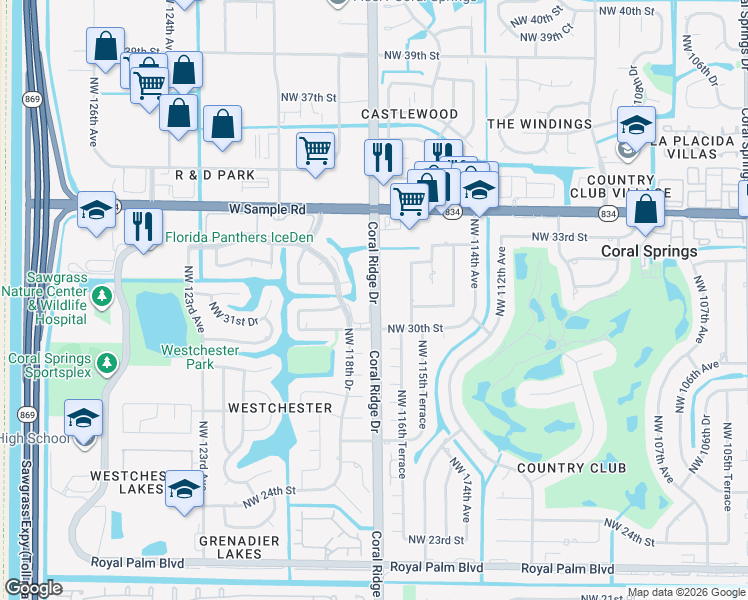 map of restaurants, bars, coffee shops, grocery stores, and more near 3110 Coral Ridge Drive in Coral Springs
