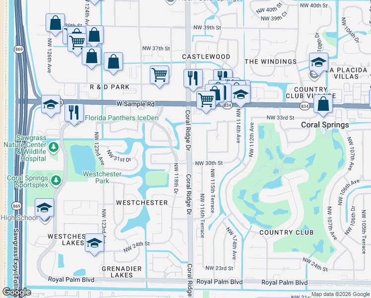 map of restaurants, bars, coffee shops, grocery stores, and more near 3110 Coral Ridge Drive in Coral Springs