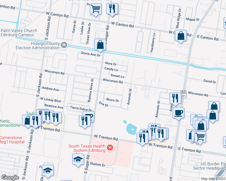 map of restaurants, bars, coffee shops, grocery stores, and more near 3508 Samgar Street in Edinburg
