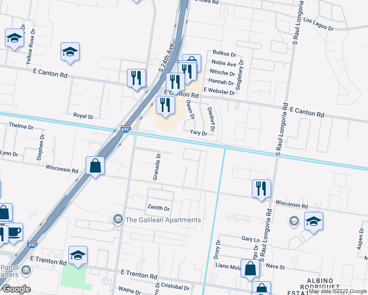 map of restaurants, bars, coffee shops, grocery stores, and more near Blood Stone Street in Edinburg