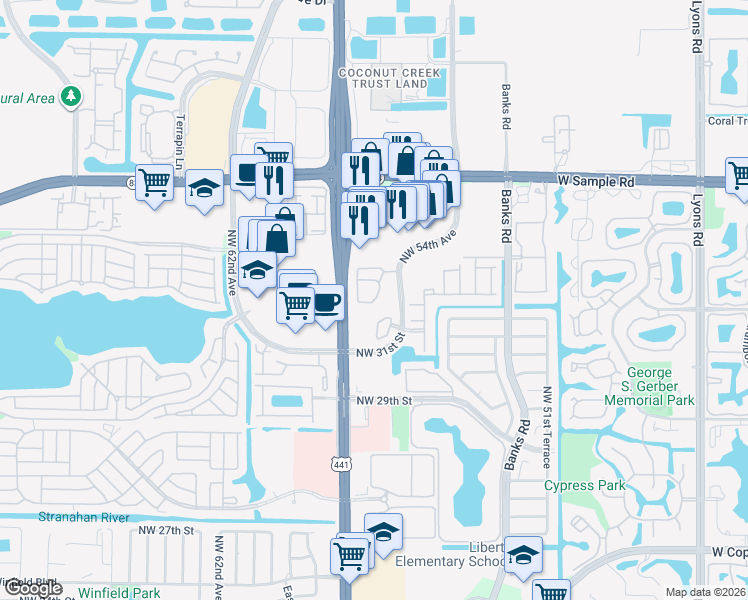 map of restaurants, bars, coffee shops, grocery stores, and more near 3409 Merrick Court in Margate