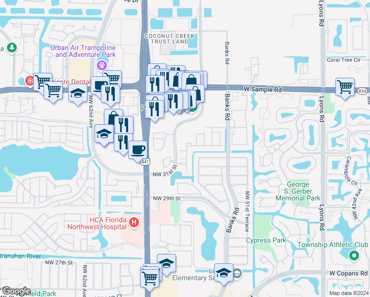 map of restaurants, bars, coffee shops, grocery stores, and more near 5501 Parade Place in Margate