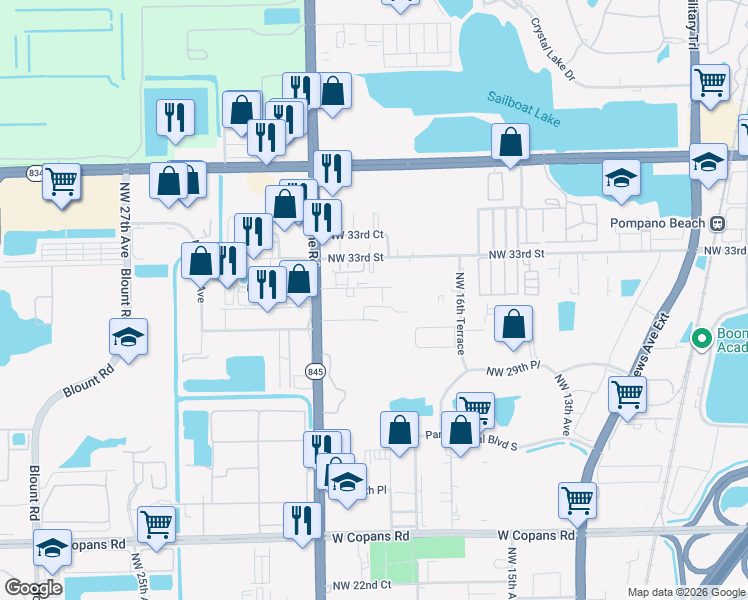 map of restaurants, bars, coffee shops, grocery stores, and more near 1920 Northwest 32nd Street in Pompano Beach