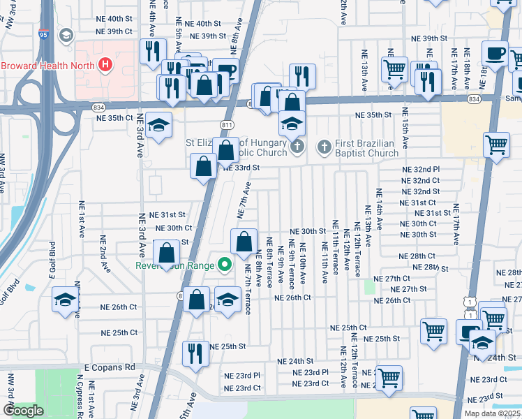 map of restaurants, bars, coffee shops, grocery stores, and more near 3100 Northeast 8th Avenue in Pompano Beach
