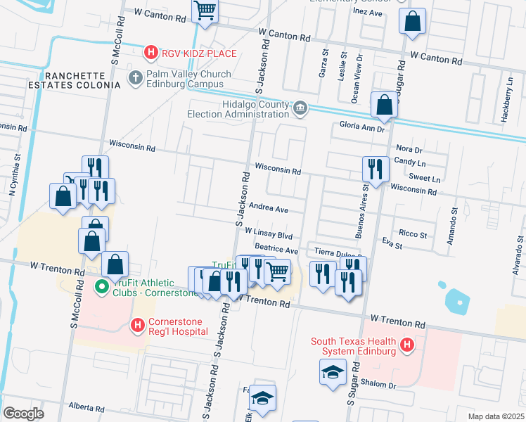 map of restaurants, bars, coffee shops, grocery stores, and more near 2020 Andrea Avenue in Edinburg
