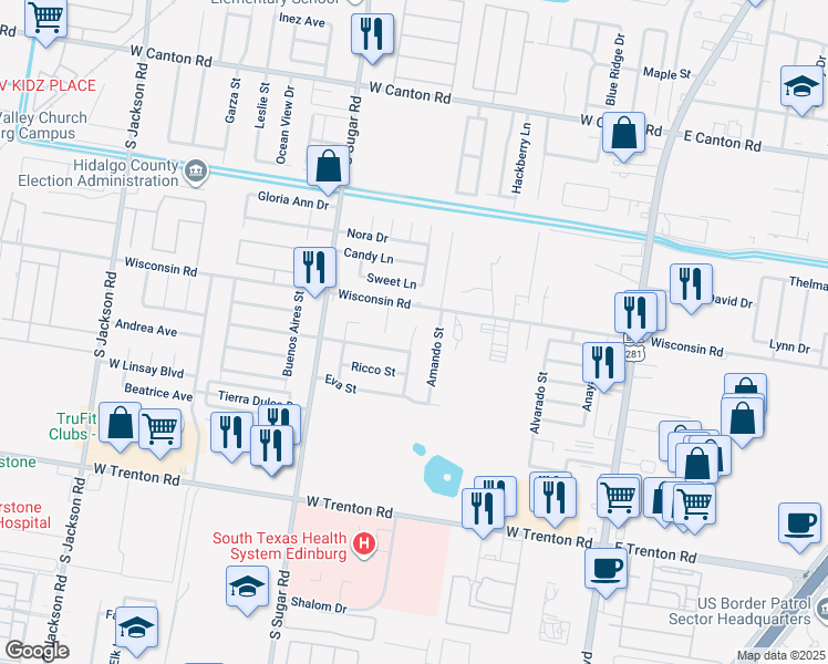 map of restaurants, bars, coffee shops, grocery stores, and more near 3516 Illeana Street in Edinburg