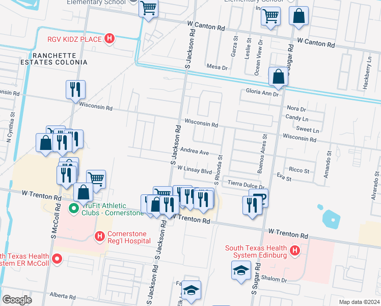 map of restaurants, bars, coffee shops, grocery stores, and more near 2020 Andrea Avenue in Edinburg