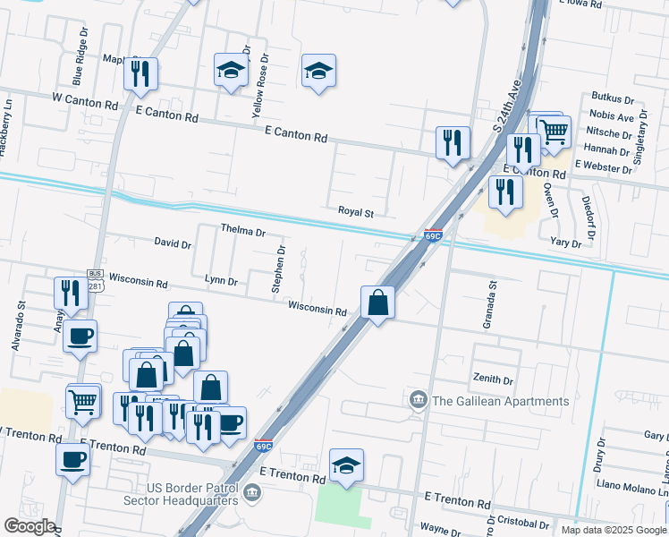 map of restaurants, bars, coffee shops, grocery stores, and more near 805 East Wisconsin Road in Edinburg