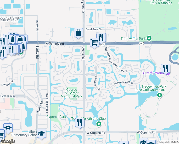 map of restaurants, bars, coffee shops, grocery stores, and more near 3689 Carambola Circle North in Coconut Creek