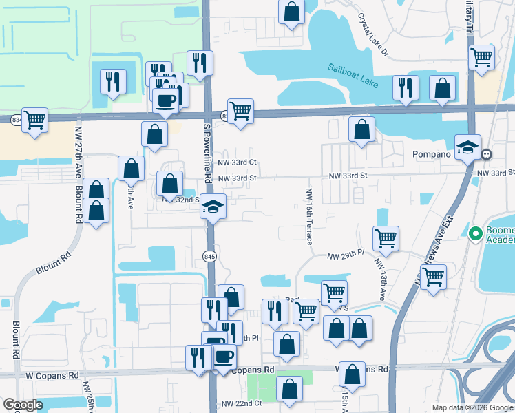 map of restaurants, bars, coffee shops, grocery stores, and more near 1920 NW 32nd St in Pompano Beach