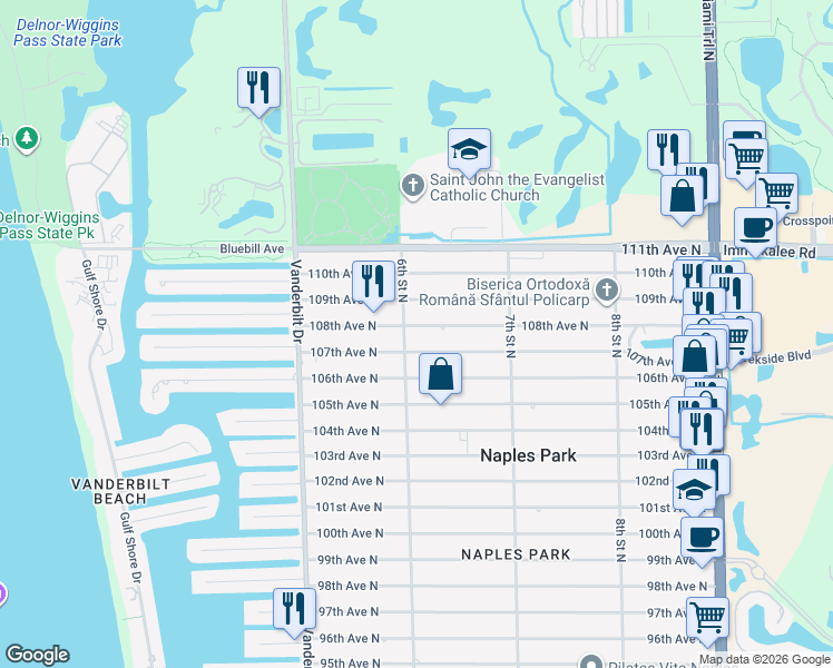 map of restaurants, bars, coffee shops, grocery stores, and more near 608 108th Ave N in Naples