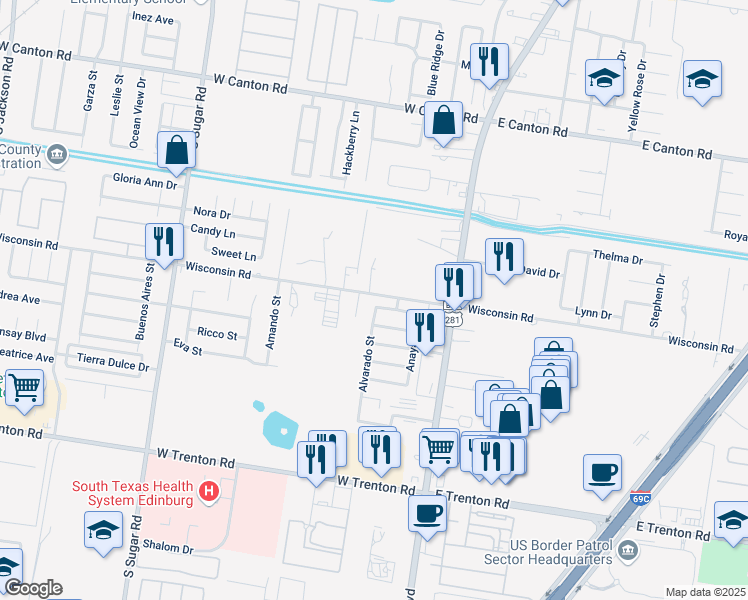 map of restaurants, bars, coffee shops, grocery stores, and more near 423 Benites Street in Edinburg