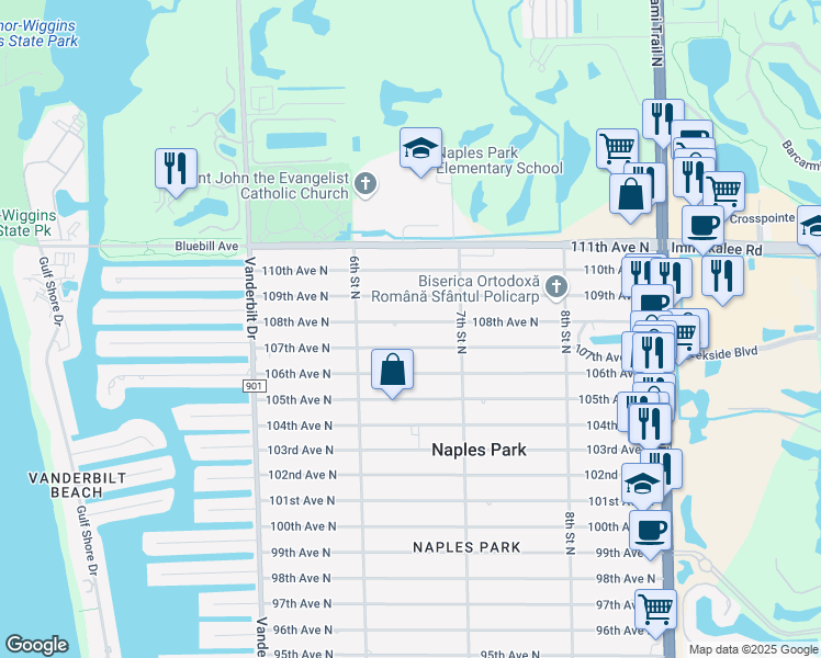 map of restaurants, bars, coffee shops, grocery stores, and more near 650 108th Avenue North in Naples