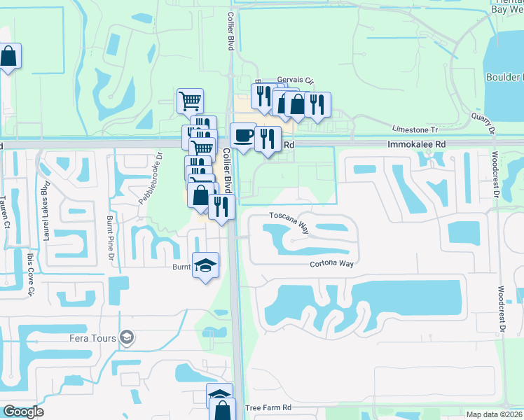 map of restaurants, bars, coffee shops, grocery stores, and more near 14997 Toscana Way in Naples