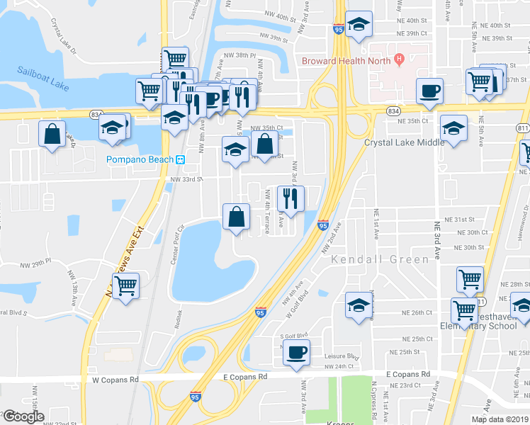 map of restaurants, bars, coffee shops, grocery stores, and more near 3001 Northwest 4th Terrace in Pompano Beach
