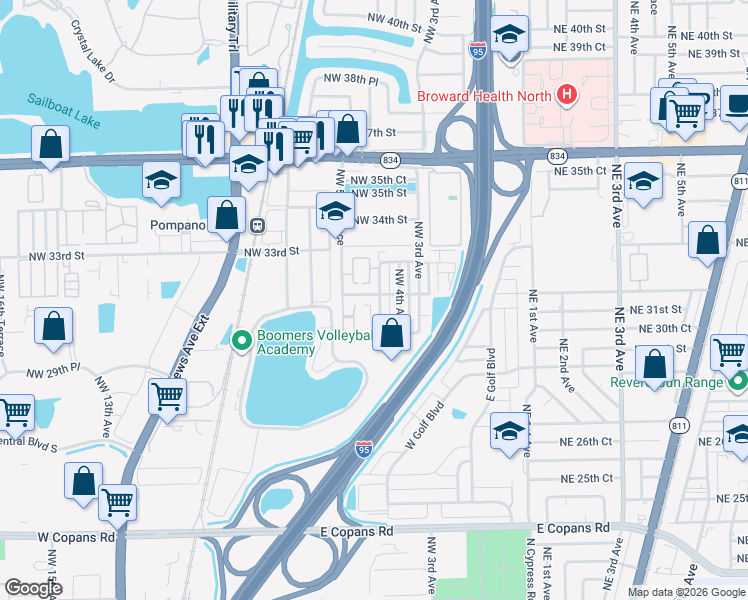 map of restaurants, bars, coffee shops, grocery stores, and more near 3001 Northwest 4th Terrace in Pompano Beach