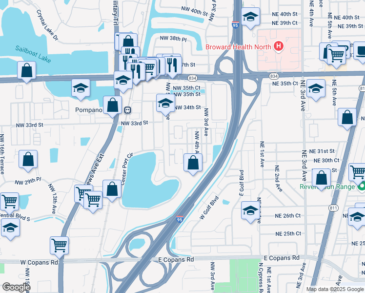 map of restaurants, bars, coffee shops, grocery stores, and more near 3001 Northwest 4th Terrace in Pompano Beach