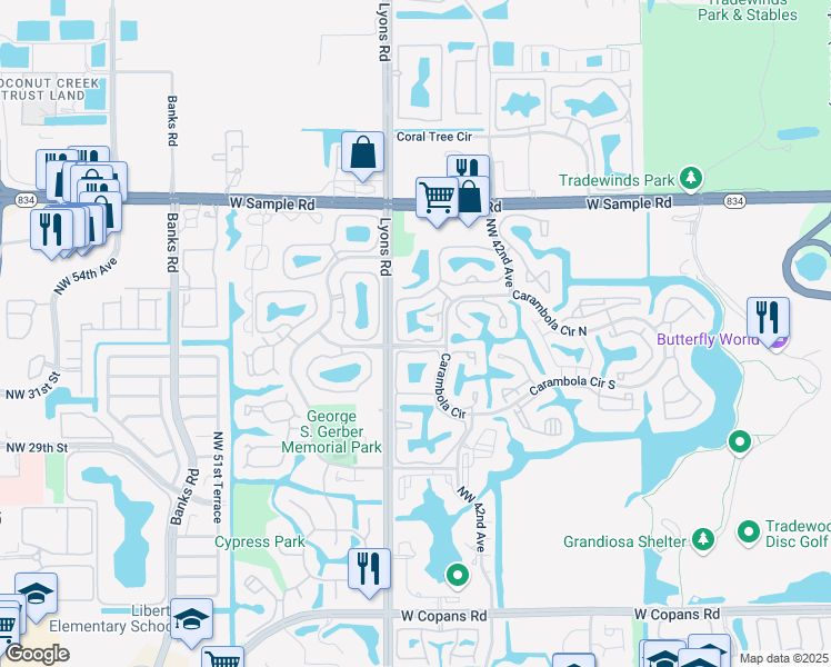 map of restaurants, bars, coffee shops, grocery stores, and more near 3689 Carambola Circle North in Coconut Creek