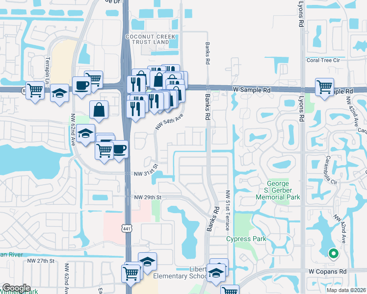 map of restaurants, bars, coffee shops, grocery stores, and more near 5428 Jubilee Way in Margate