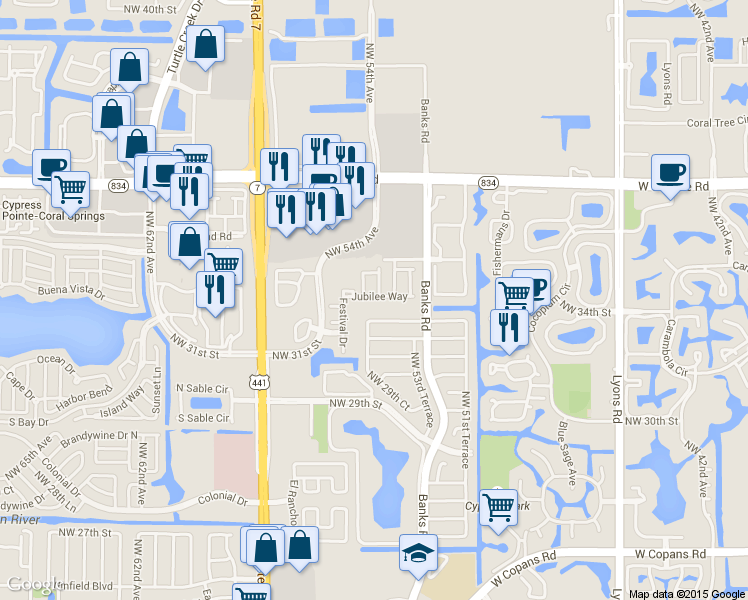 map of restaurants, bars, coffee shops, grocery stores, and more near 5428 Jubilee Way in Margate