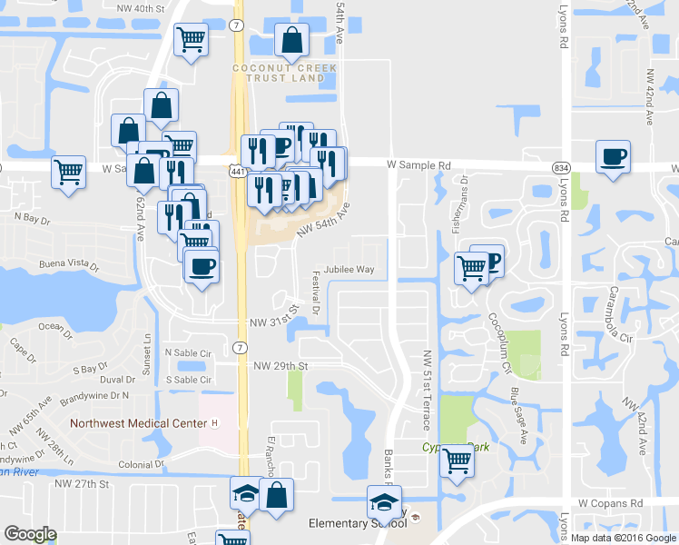 map of restaurants, bars, coffee shops, grocery stores, and more near 5428 Jubilee Way in Margate