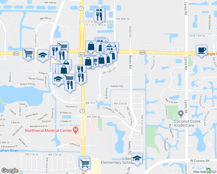 map of restaurants, bars, coffee shops, grocery stores, and more near 5428 Jubilee Way in Margate