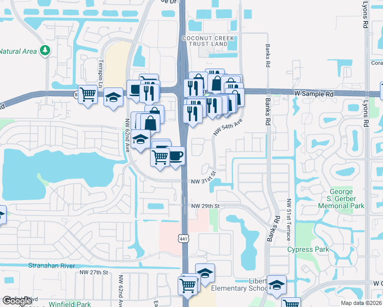 map of restaurants, bars, coffee shops, grocery stores, and more near 3409 Merrick Court in Margate