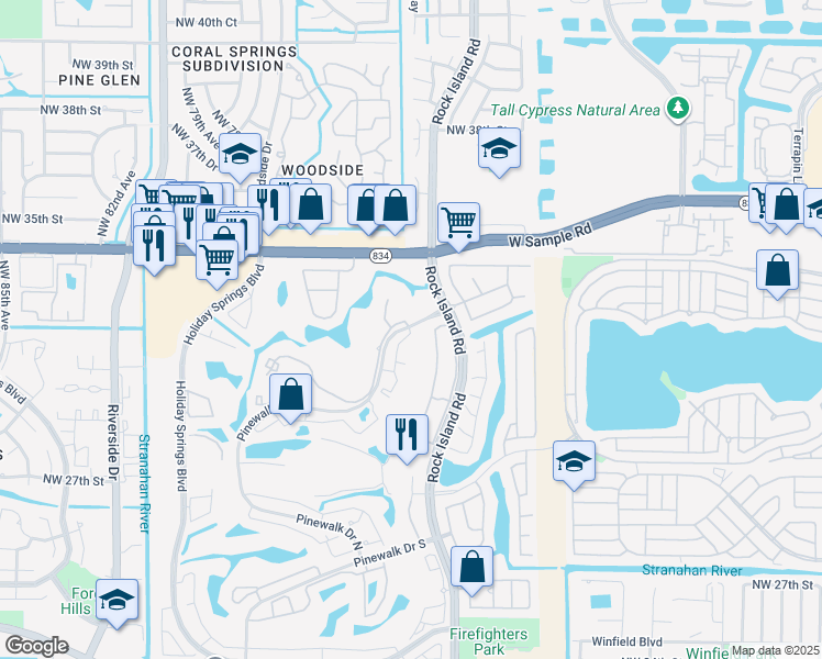 map of restaurants, bars, coffee shops, grocery stores, and more near 3455 Pinewalk Drive North in Margate