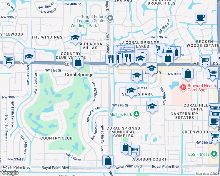 map of restaurants, bars, coffee shops, grocery stores, and more near 3100 Coral Springs Drive in Coral Springs