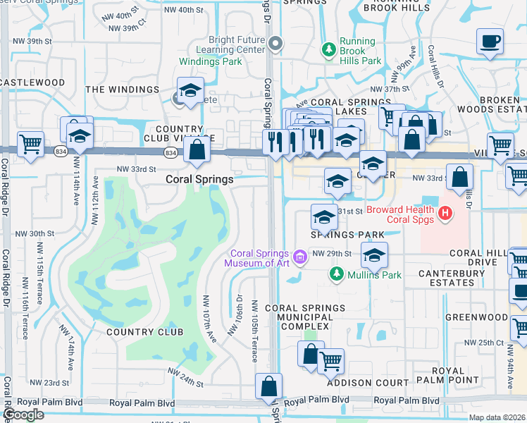 map of restaurants, bars, coffee shops, grocery stores, and more near 3100 Coral Springs Drive in Coral Springs