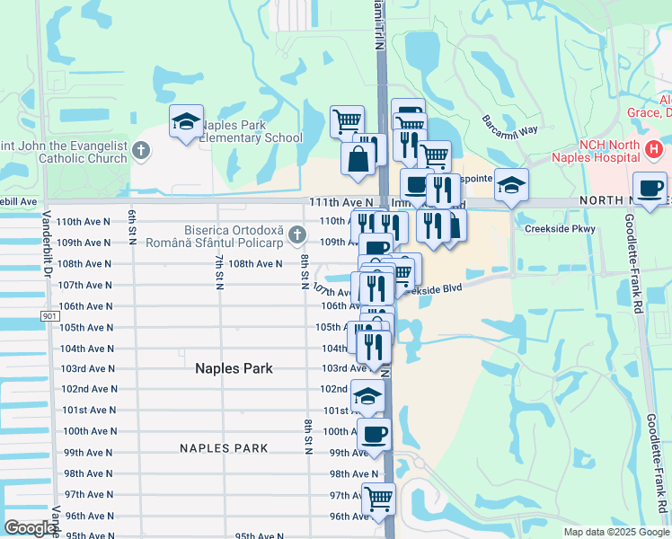 map of restaurants, bars, coffee shops, grocery stores, and more near 826 108th Avenue North in Naples