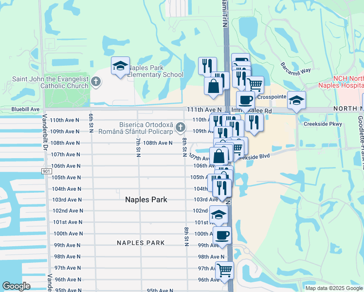 map of restaurants, bars, coffee shops, grocery stores, and more near 796 108th Avenue North in Naples