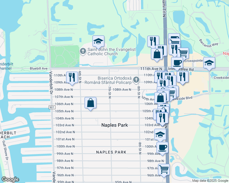 map of restaurants, bars, coffee shops, grocery stores, and more near 720 108th Avenue North in Naples