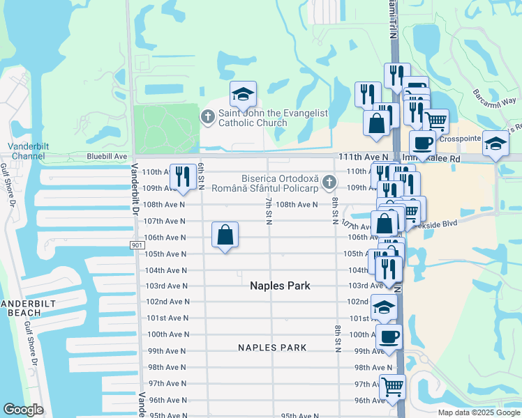 map of restaurants, bars, coffee shops, grocery stores, and more near 692 108th Avenue North in Naples